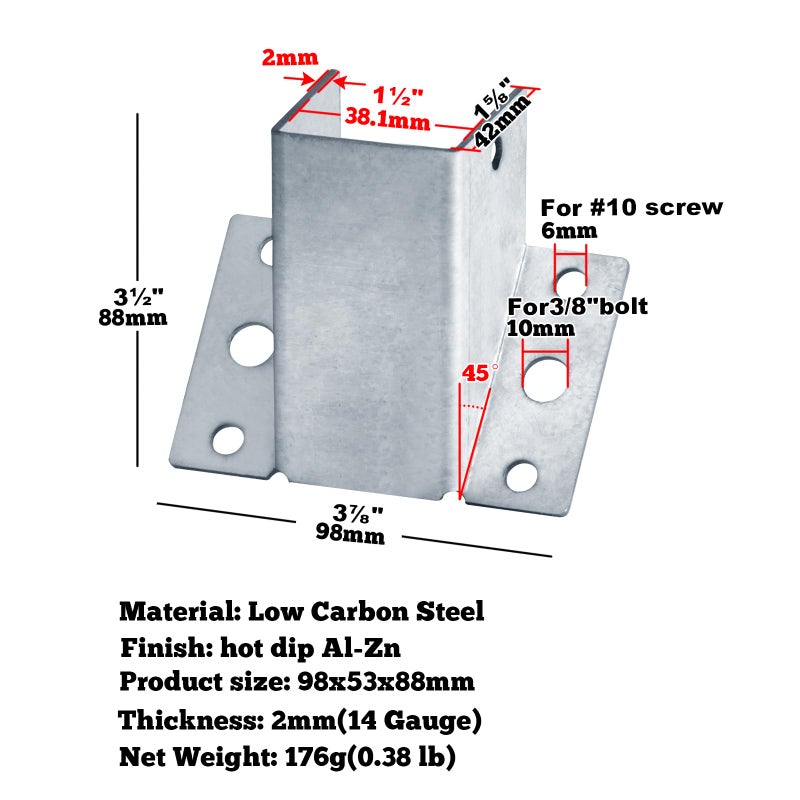 GBGS 10 Pack 45-Degree Post and Beam Knee Bracket for 2x4 Post,Inner Width:1-1/2"",14 Gauge(2mm Thick ) 45Angle Pergola Support Bracket - Image 2